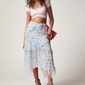 Urban Outfitters Boho Fairycore Blue Ditsy Floral Ruffle Asymmetrical Midi Skirt